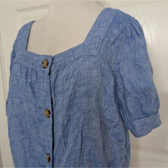 Talbots 100% Linen Shirt Womens Size Large Blue Tie Front Square Neck Coastal - Picture 2 of 11